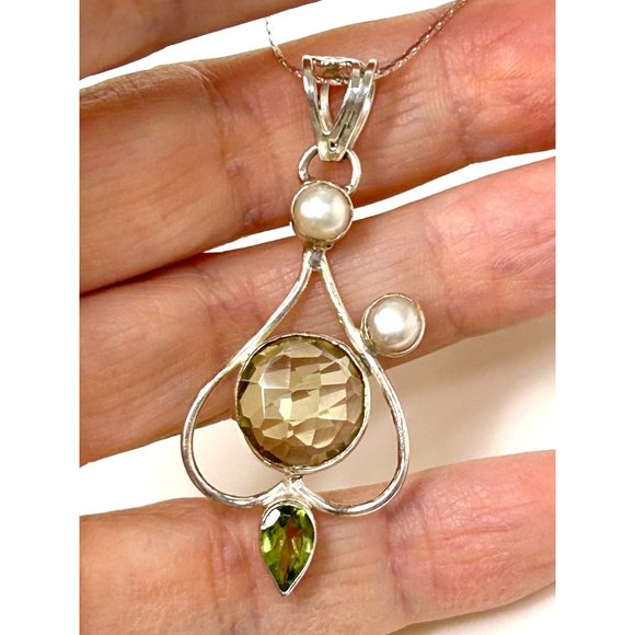Women’s Pendant Necklace Italy Peridot Pearl S925 Sterling Silver 18” Vintage - Picture 5 of 17